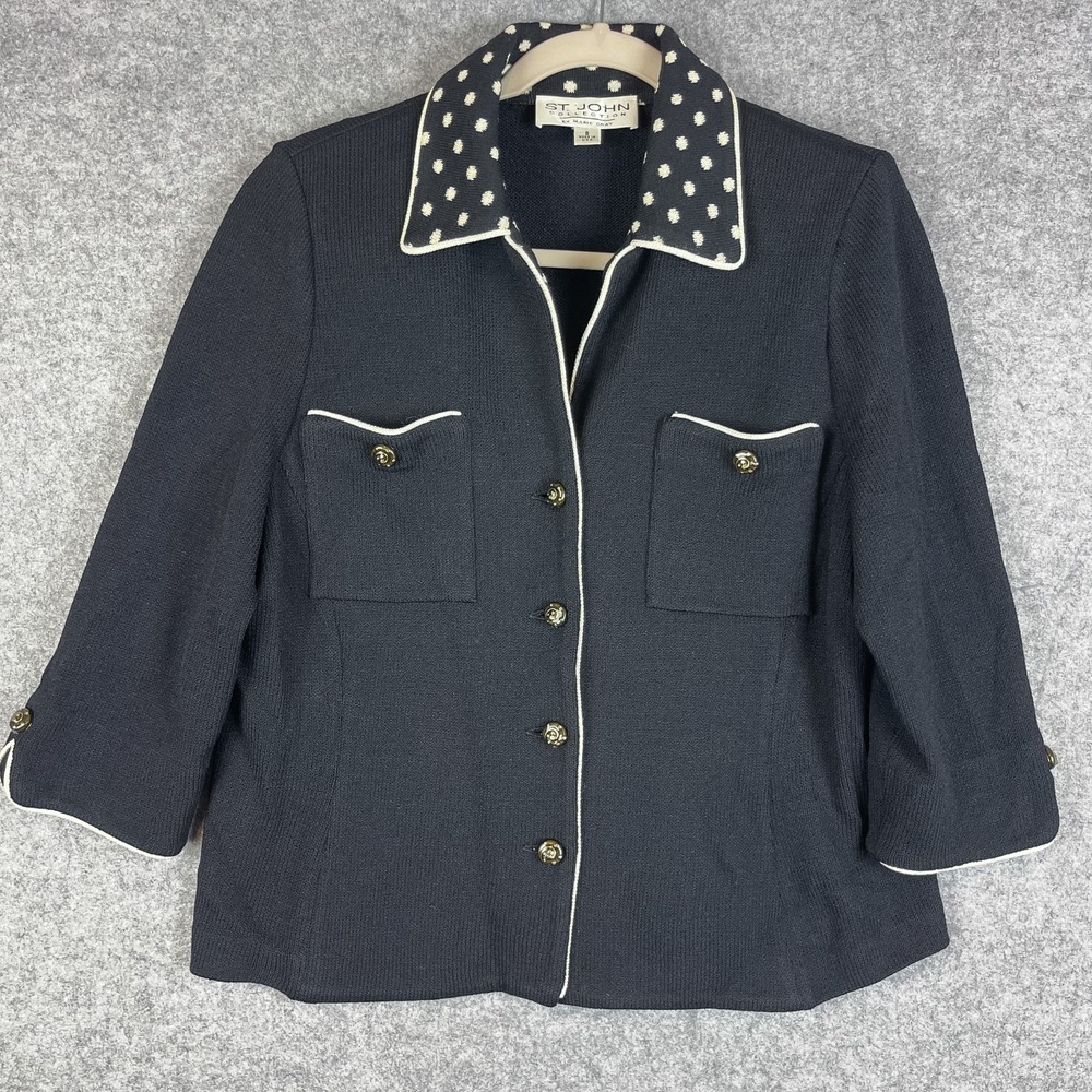 St. John Marie Gray Sweater Blazer Womens 8 Black Polka Dot 3/4 Sleeve Classic